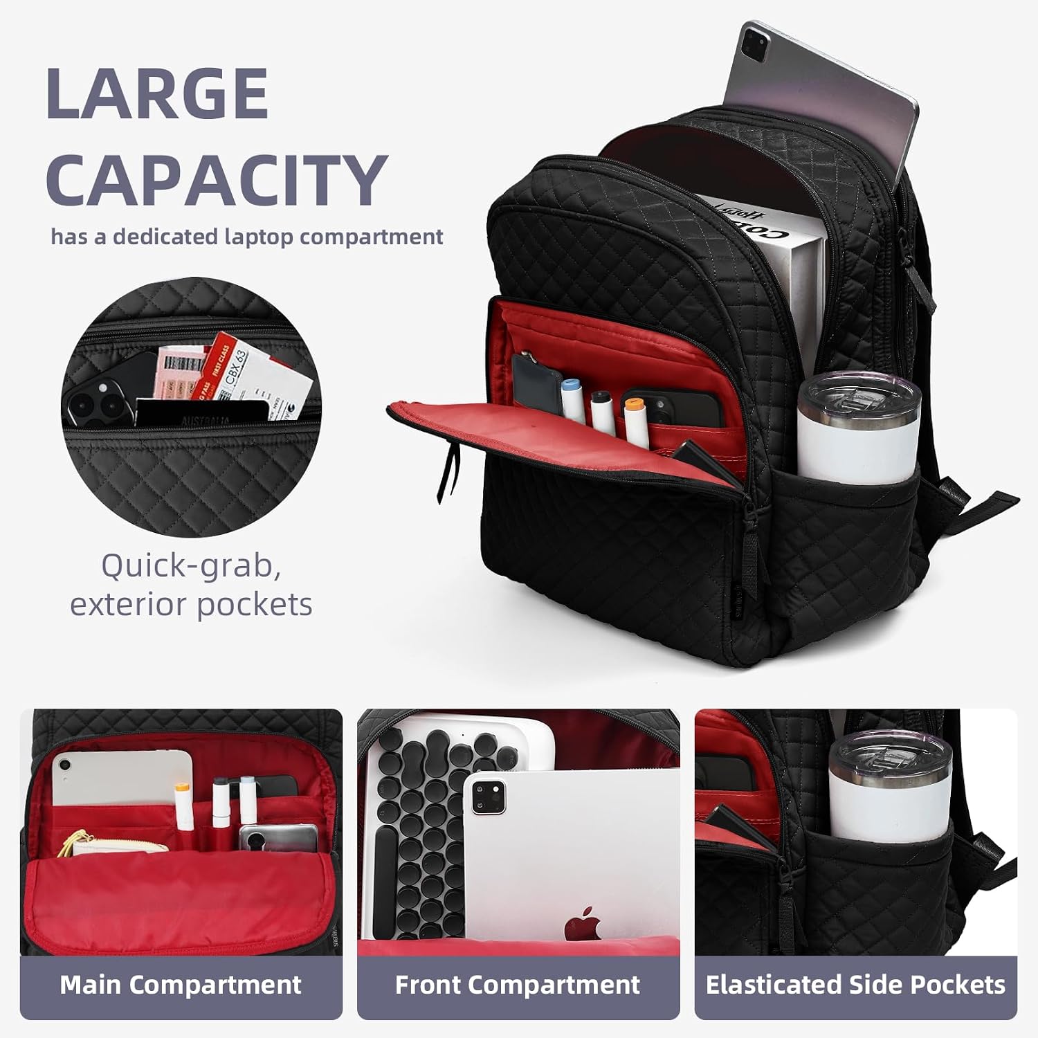 Backpack For Women,College Backpack,Quilted Casual Daypack,Waterproof Bookbag For 15.6Inch Laptop (Black)