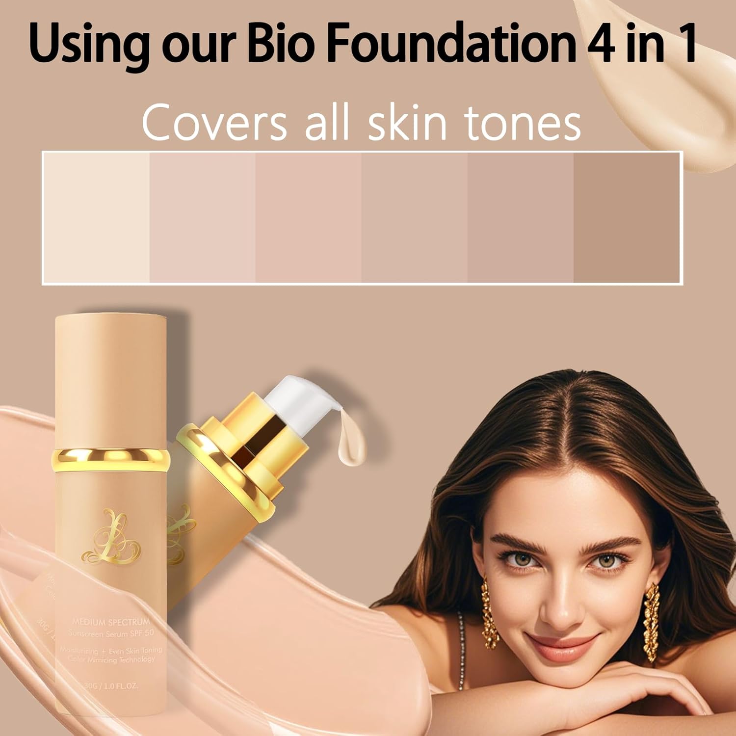 Foundation 4 in 1 - Medium Spectrum with SPF 50+, Color Changing Foundation, Hydrating Color Changing Foundation Makeup, Concealer, Sun Protection, Longwearing & Waterproof for All Skin Types