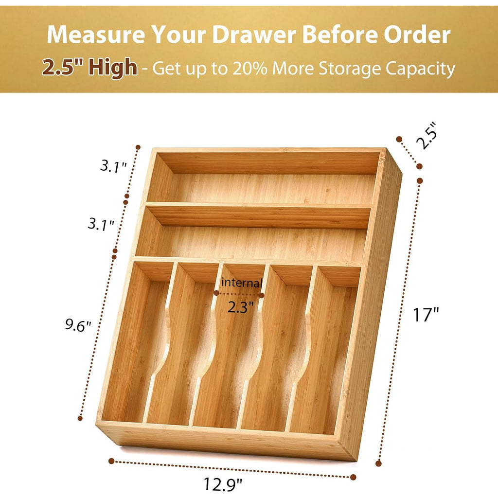 Bamboo Kitchen Drawer Organizer, 13 Inch Silverware Utensil Tray Holder, Extra Deep Grooved Drawer Divider, 7 Slots Total Bamboo Wood Caddy For Flatware Cutlery Knives, Forks, Spoons