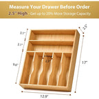 Bamboo Kitchen Drawer Organizer, 13 Inch Silverware Utensil Tray Holder, Extra Deep Grooved Drawer Divider, 7 Slots Total Bamboo Wood Caddy For Flatware Cutlery Knives, Forks, Spoons