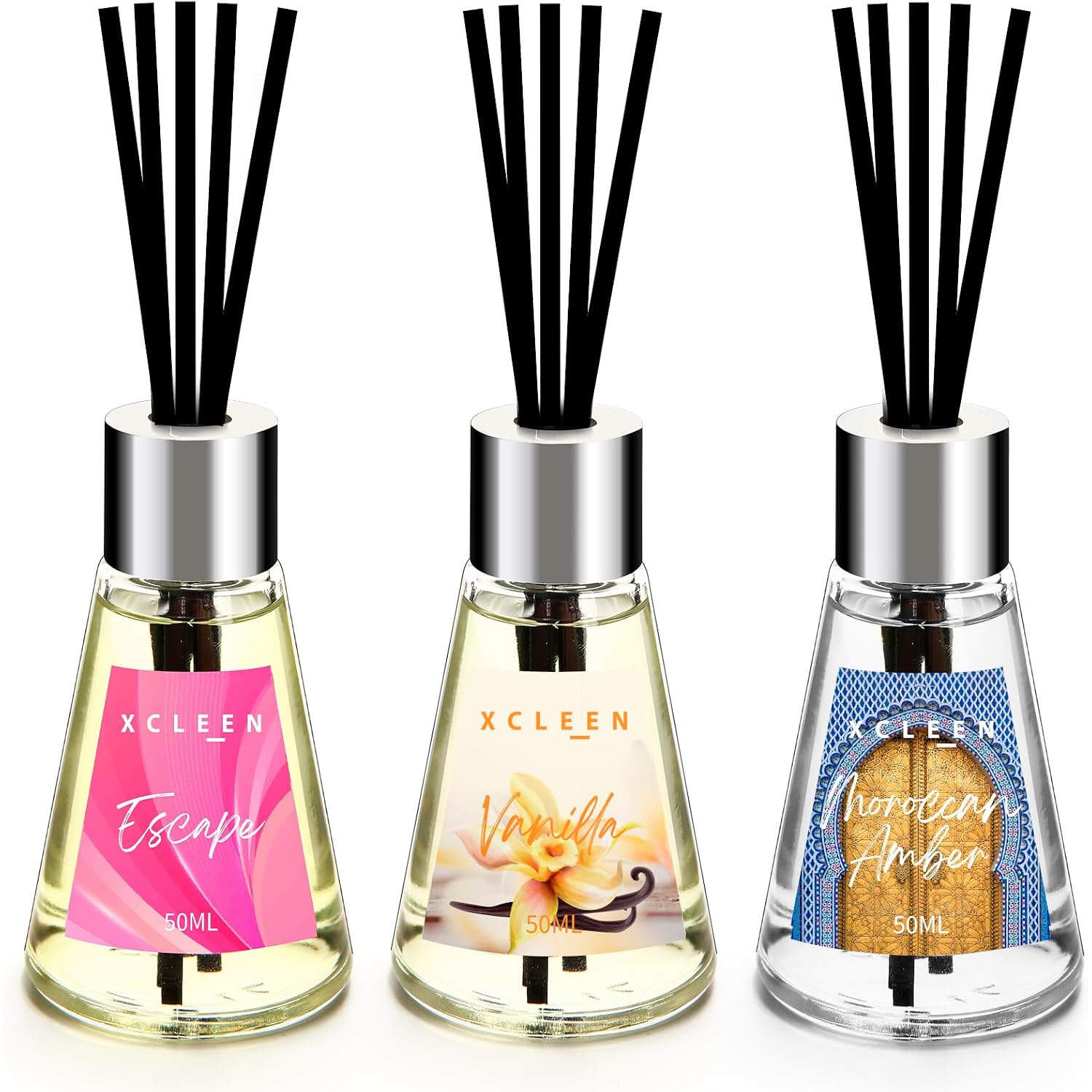 Xcleen 3 Pack Reed Diffuser, Scented Oil Diffuser With 15 Sticks, Escape/Vanilla/Moroccan Amber, Air Freshener For Bathroom & Office, Holiday Home Fragrance, Gift Idea, Each 1.7Fl Oz, Total 5.1Oz