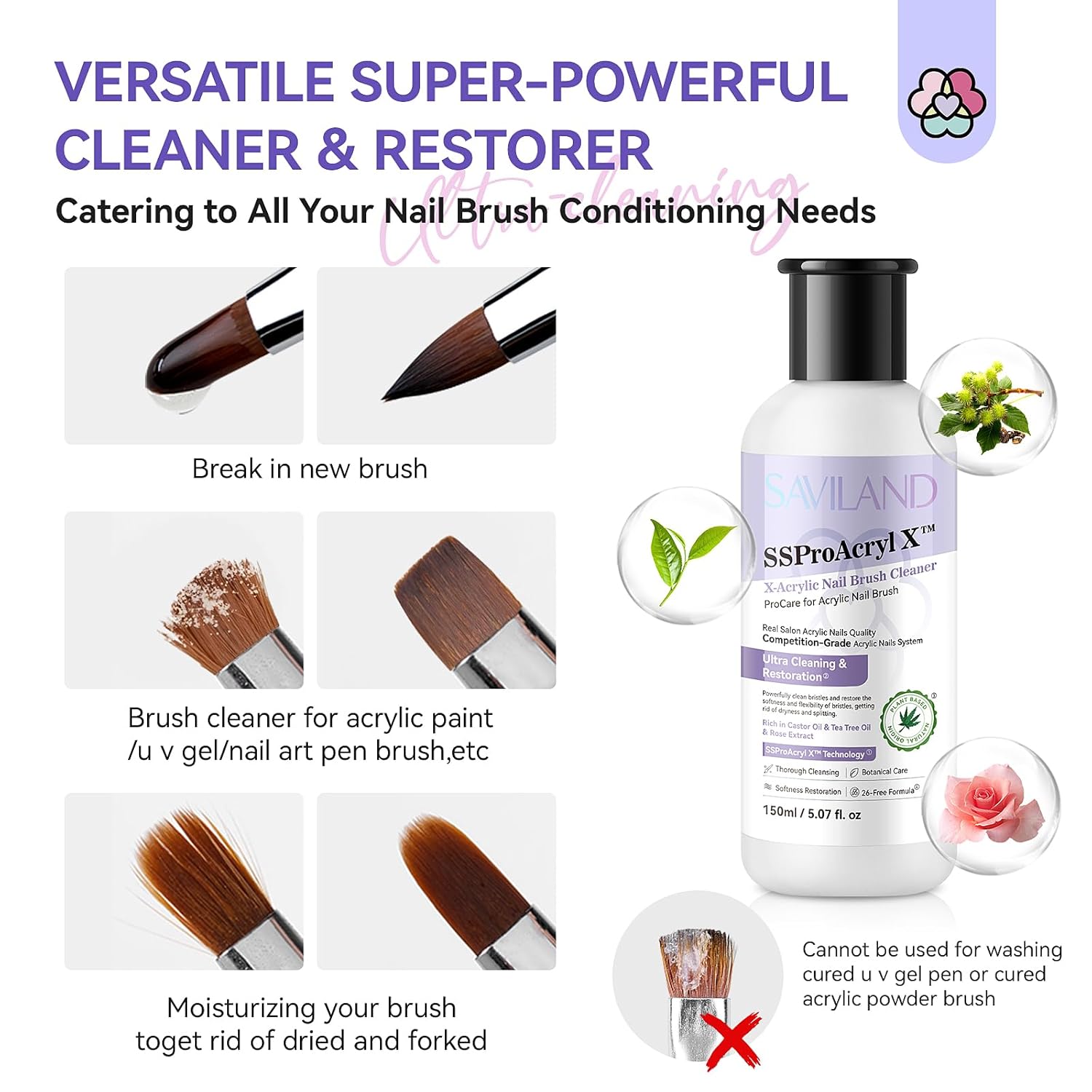 SAVILAND Acrylic Nail Brush Cleaner: 5 OZ Large Capacity Acrylic Brush Cleaner Castor Oil Nail Brush Cleaner Conditioner Restorer with Nail Cleaning Pads & Dappen Dish for Acrylic Nails Home Salon DIY
