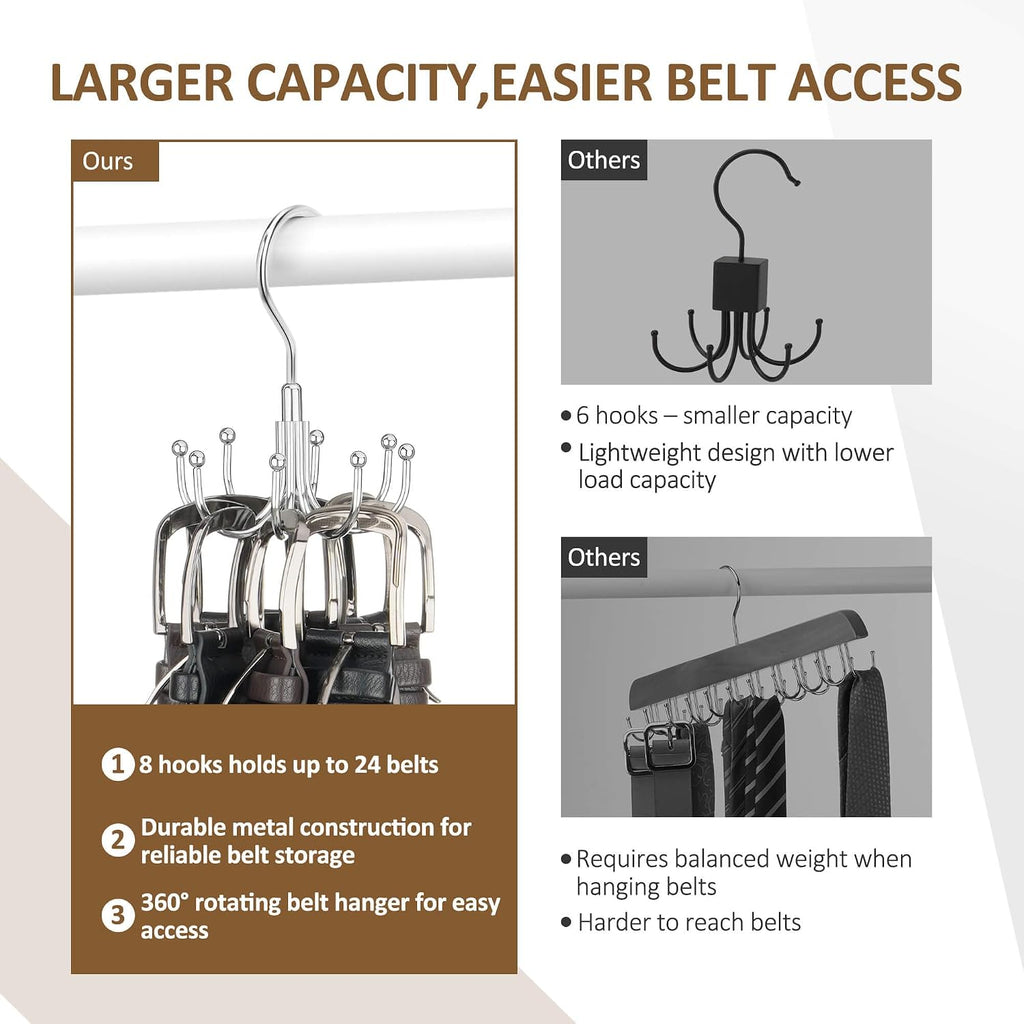Belt Organizer For Closet, Heavy-Duty Rotating Belt Hanger Tie Rack Holds Up To 24 Belts, Hanging Space Saving Metal Belt Holder For Closet Storage
