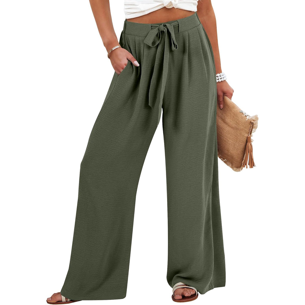 Wide Leg Palazzo Pants for Women Summer High Waist Flowy Loose Casual Lounge Trousers Beach Travel Vacation Clothes