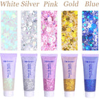 Face Body Glitter, Hair Glitter Sparkles Chunky Face Glitter Gel For Girls Makeup Singer Concerts Mermaid Festival Sequins Face Paint (White+Silver+Pink+Gold+Blue)