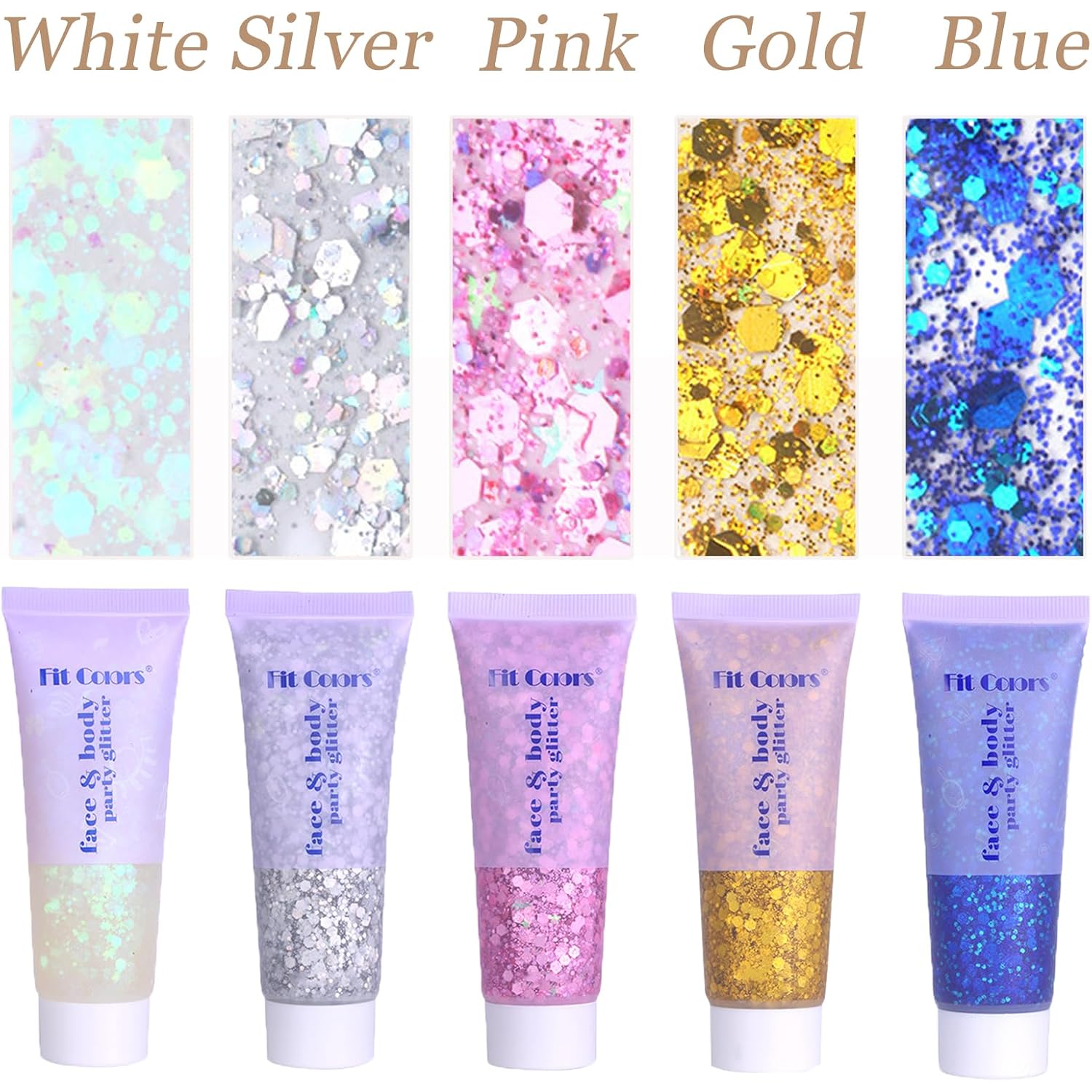 Face Body Glitter, Hair Glitter Sparkles Chunky Face Glitter Gel For Girls Makeup Singer Concerts Mermaid Festival Sequins Face Paint (White+Silver+Pink+Gold+Blue)