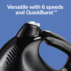Hamilton Beach Power Deluxe 6-Speed Electric Hand Mixer With Quickburst | Powerful 250 Watt Motor | Traditional Beaters | Whisk | Snap-On Storage Case | Bowl Rest | Black | 62692