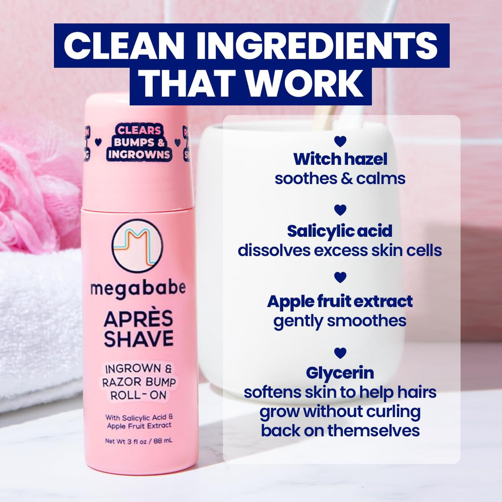 Megababe Après Shave (3.0 fl oz) | Post-Shave & Waxing | Vacation and Hot Weather Must-Have | Ingrown Hair & Razor Bump Roll-On Treatment for Women | Bikini, Armpits & Legs