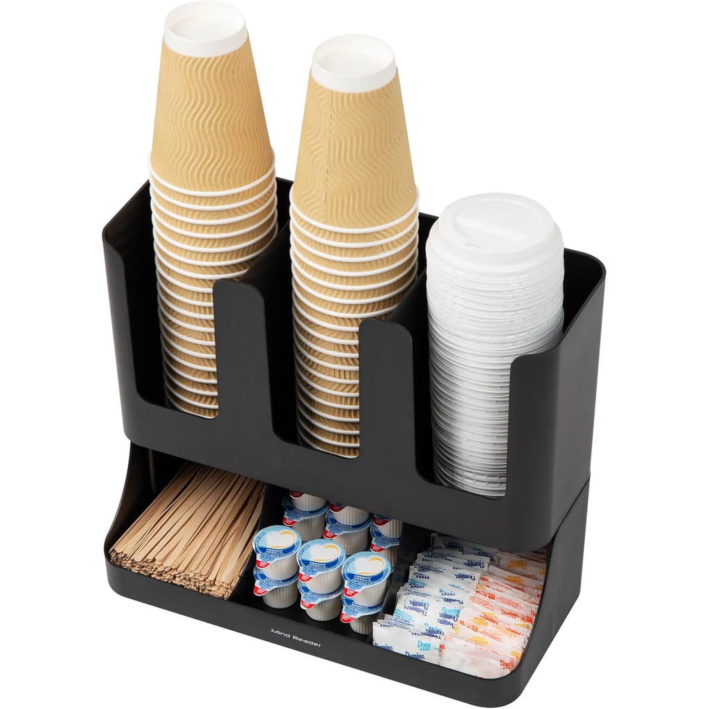Mind Reader Condiment Station, 13 Inch Countertop Coffee Bar Organizer with 6 Compartments, Storage Caddy for Cups, Lids and Packets, Plastic, Black