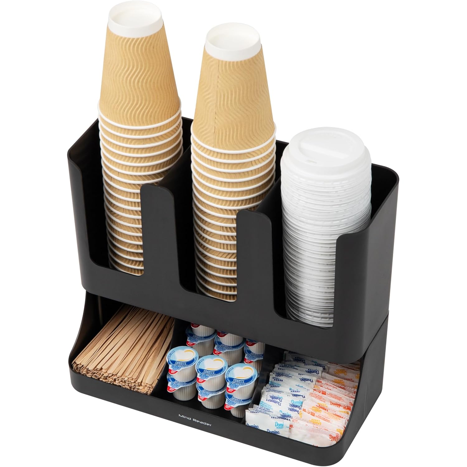 Mind Reader Condiment Station, 13 Inch Countertop Coffee Bar Organizer with 6 Compartments, Storage Caddy for Cups, Lids and Packets, Plastic, Black