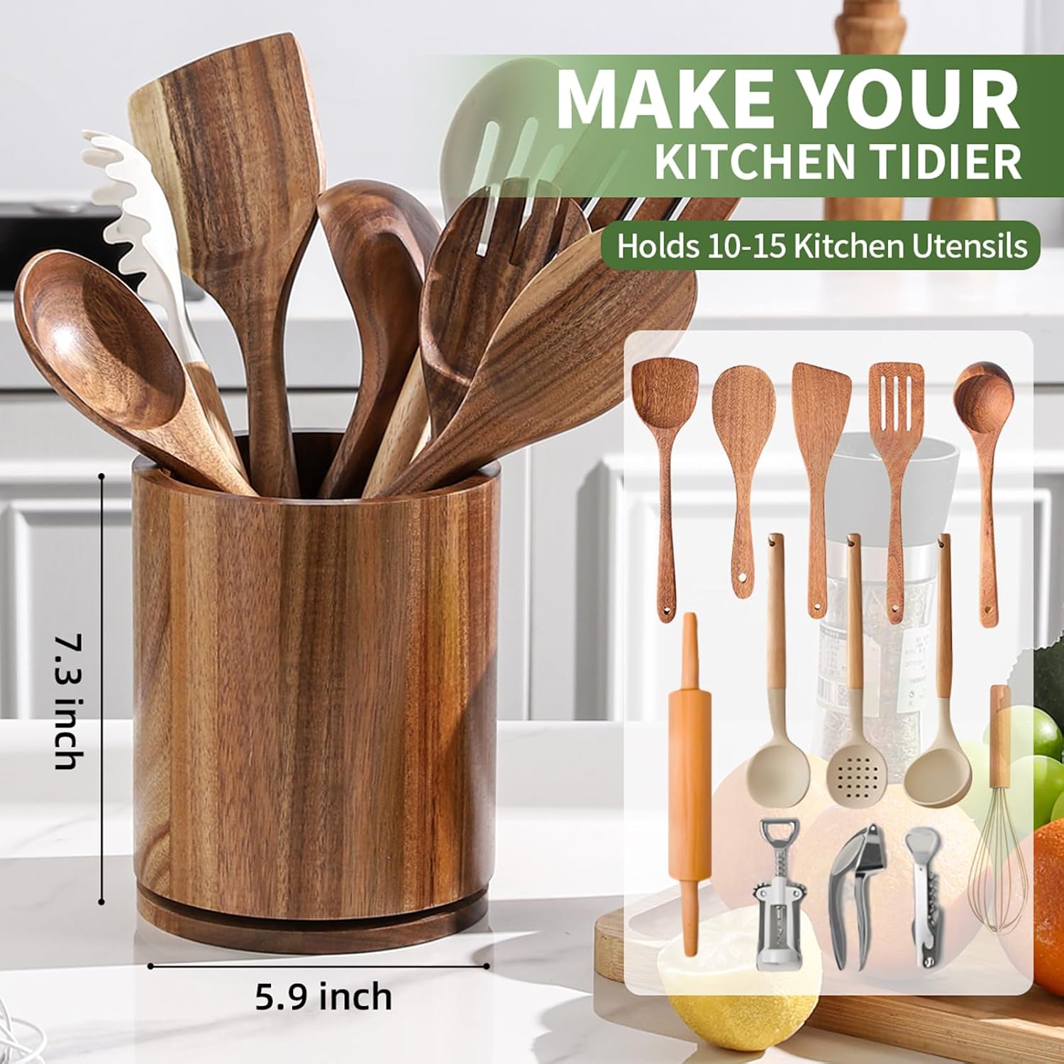Wooden Utensil Holder, 360°Rotating 7.3'' Large Utensil Holder For Kitchen Counter, Kitchen Utensil Organizer, Utensil Crock, Farmhouse Kitchens Countertop Decor, Acacia Wood