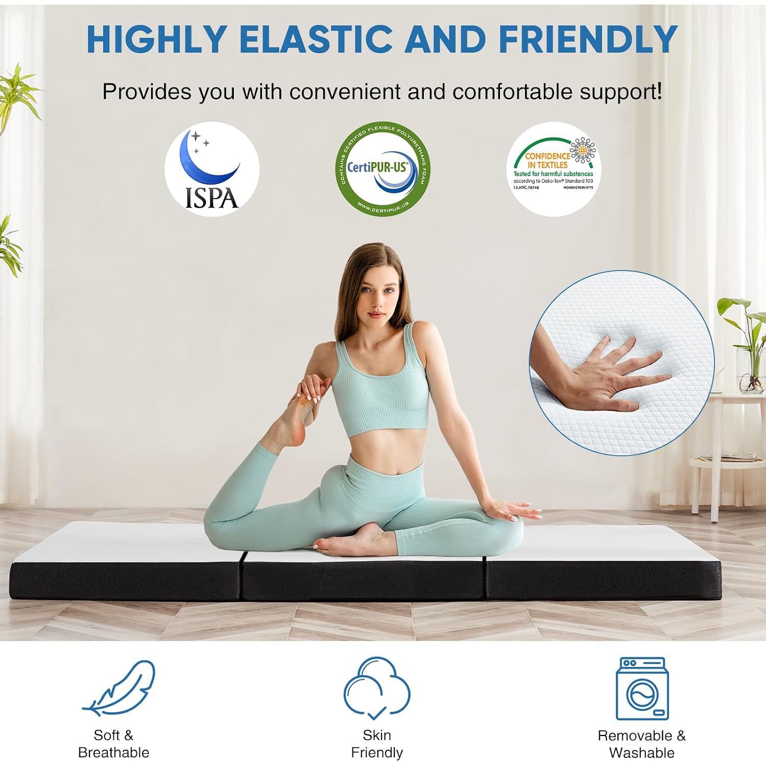 Folding Memory Foam Pads, 4" Tri-Fold Full Topper With Washable Cover, Non-Slip Portable Guest Floor Bed For Travel Camping