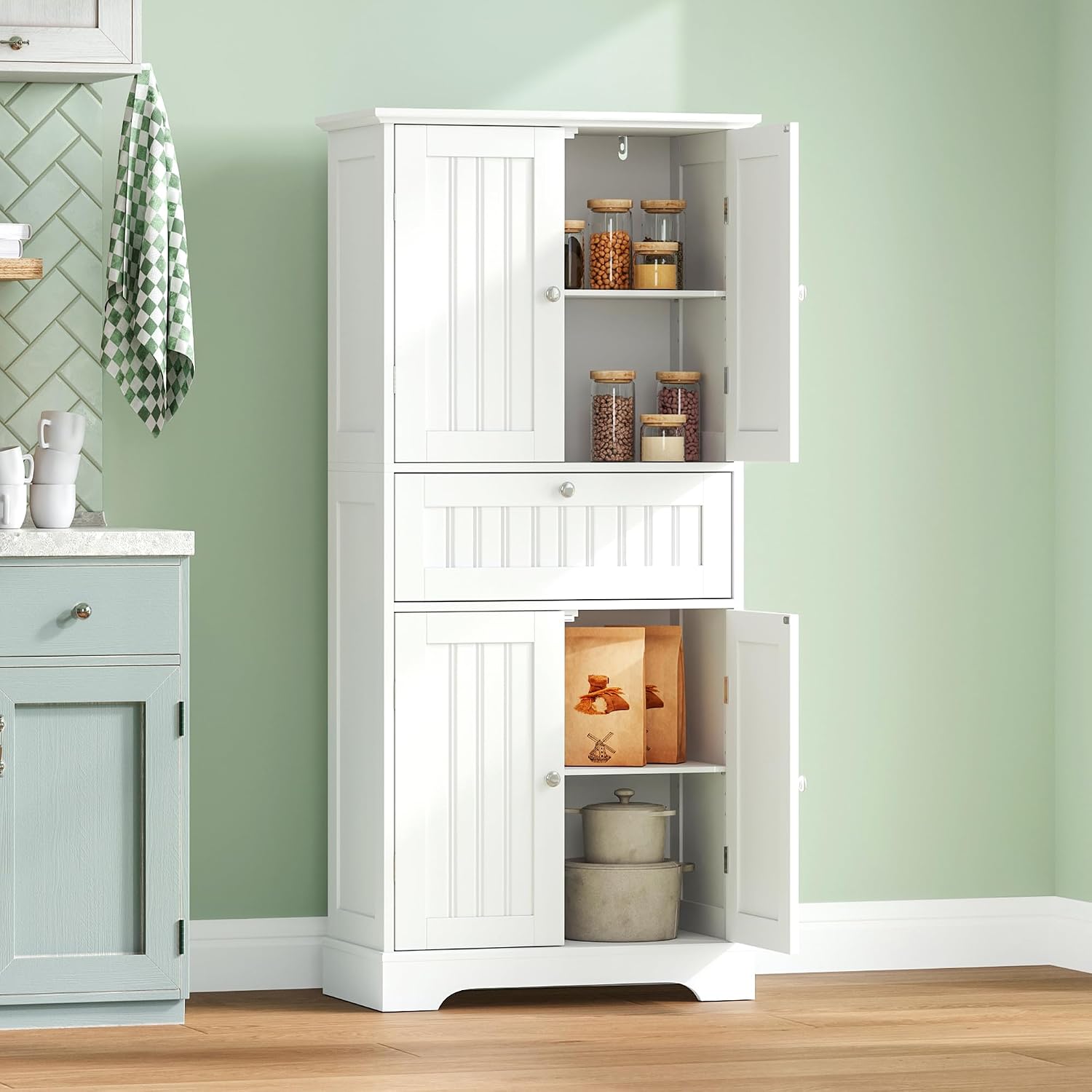 Choochoo 51" H Bathroom Floor Cabinet With Drawers And Adjustable Shelves | Bathroom Storage Cabinet, Freestanding Kitchen Pantry Cupboard With 4 Doors For Living Room, White