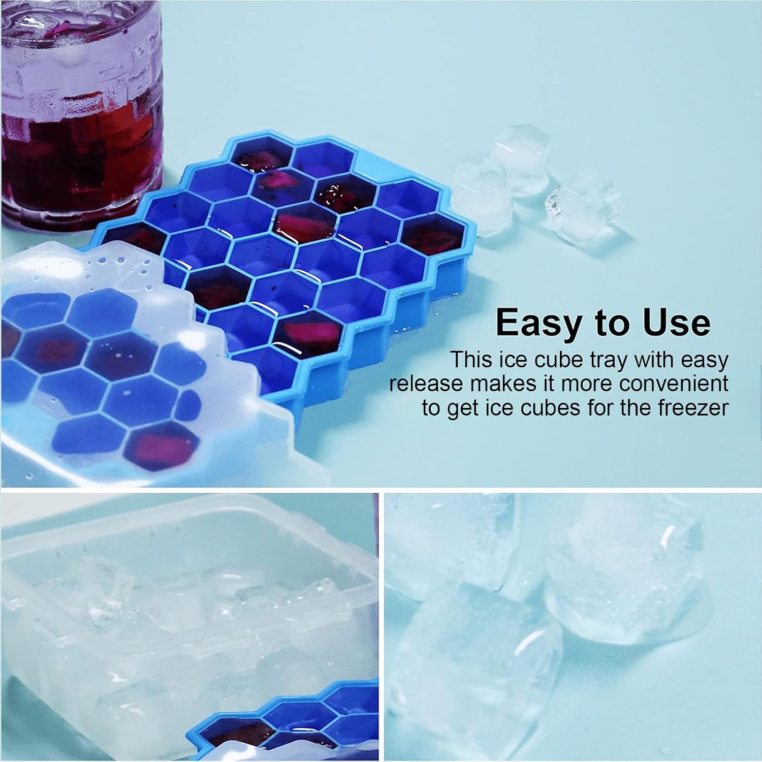 Ice Cube Trays For Freezer With Lid-37 Grid Silicone For Small Ice Cube Molds,Easy-Release Reusable In Organizer Bins Or Ice Bucket For Cocktail Bar Or Iced Coffee Cup
