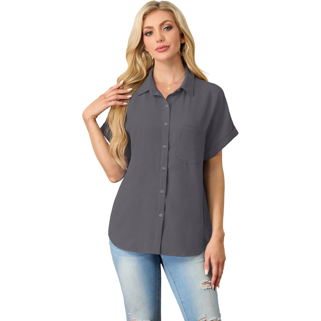 Button Down Short Sleeve Shirts for Women V Neck Loose Roll Up Collared Shirt Casual Summer Tops with Pockets