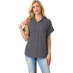 Button Down Short Sleeve Shirts for Women V Neck Loose Roll Up Collared Shirt Casual Summer Tops with Pockets