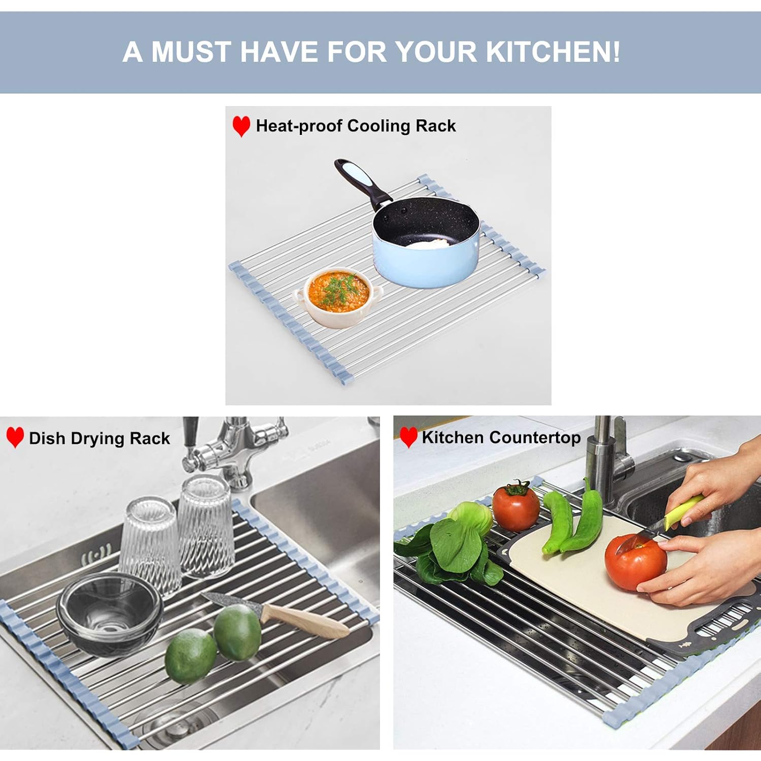 MECHEER Over The Sink Dish Drying Rack, Roll Up Dish Drying Rack Kitchen Dish Rack Stainless Steel Sink Drying Rack, Foldable Dish Drainer, 17.5''x11.8''
