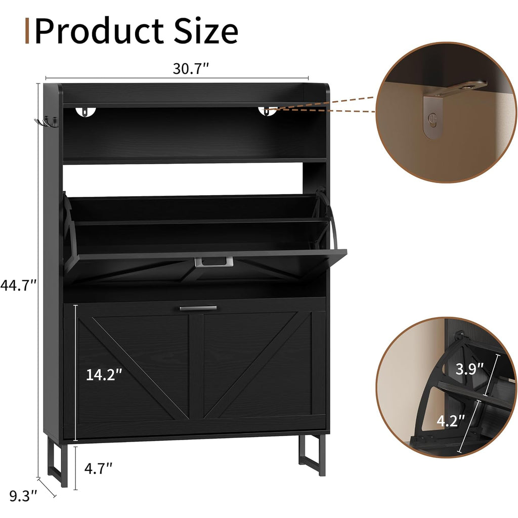 Shoe Cabinet With 2 Flip Drawers, Freestanding Hidden Shoe Storage Organizer For Entryway, Narrow Slim Shoe Rack Cabinet With Open Storage & Hooks For Front Door Entrance, Living Room, Hallway, Black