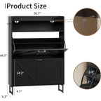 Shoe Cabinet With 2 Flip Drawers, Freestanding Hidden Shoe Storage Organizer For Entryway, Narrow Slim Shoe Rack Cabinet With Open Storage & Hooks For Front Door Entrance, Living Room, Hallway, Black