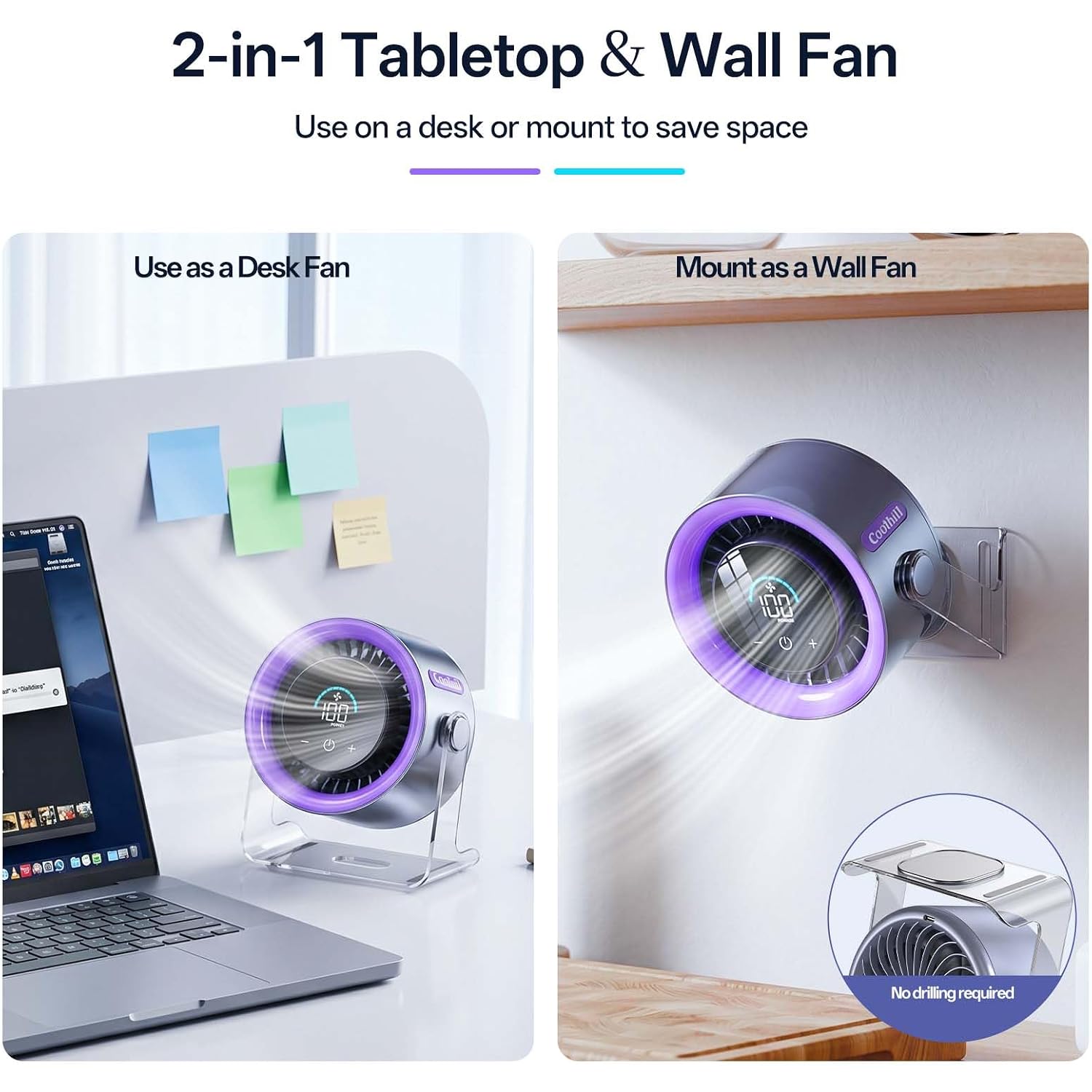 Usb Desk Fan For Bedroom: 100 Speeds Digital Display Quiet Portable Fan With Turbo Airflow, 120° Rotating Small Rechargeable Battery Desktop & Wall-Mounted Fans For Bedroom Home Office