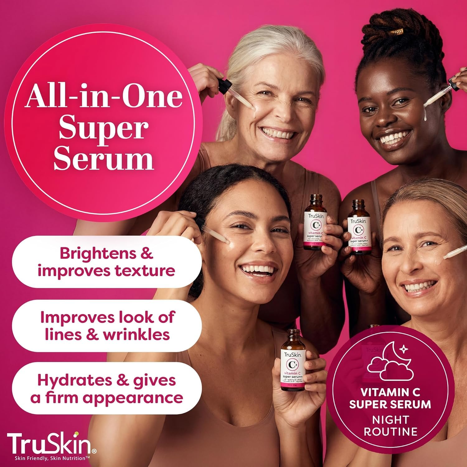 TruSkin Vitamin C Super Serum for Face - Five Skin Benefits in One Serum with Vitamin C, Retinol, Niacinamide, Hyaluronic Acid & Squalane - Brighten, Firm & Smooth the Look of Skin - 1 fl oz