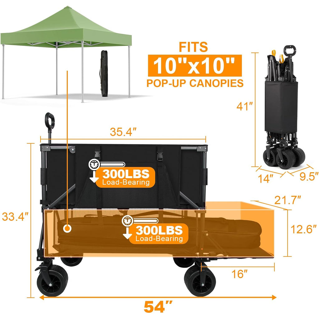 Double Decker Wagon Heavy Duty Collapsible, 600Lbs 400L Capacity | Foldable Utility Cart, Big Wheels For Beach, Outdoor, Camping & Gardening, Durable Steel Frame