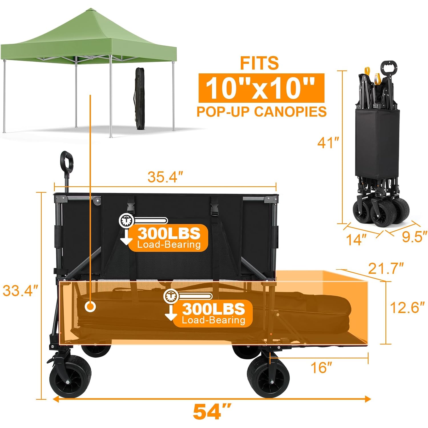 Double Decker Wagon Heavy Duty Collapsible, 600Lbs 400L Capacity | Foldable Utility Cart, Big Wheels For Beach, Outdoor, Camping & Gardening, Durable Steel Frame