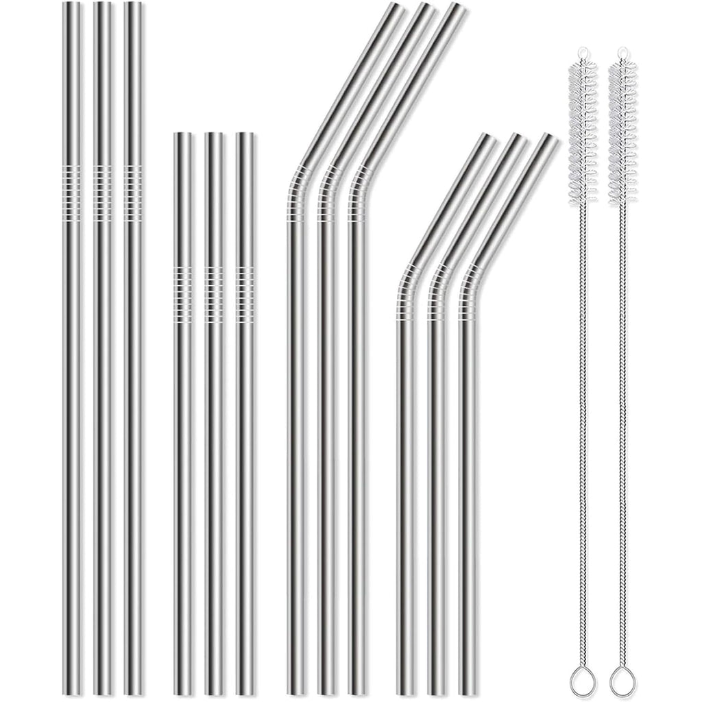 12 Pack Of Reusable Stainless Steel Metal Straws, 3 Straight + 3 Bent 10.5 Inch And 3 Straight + 3 Bent 8.5 Inch Metal Straws With 2 Cleaning Brushes For 20 24 30 Oz Tumbler Dishwasher Safef