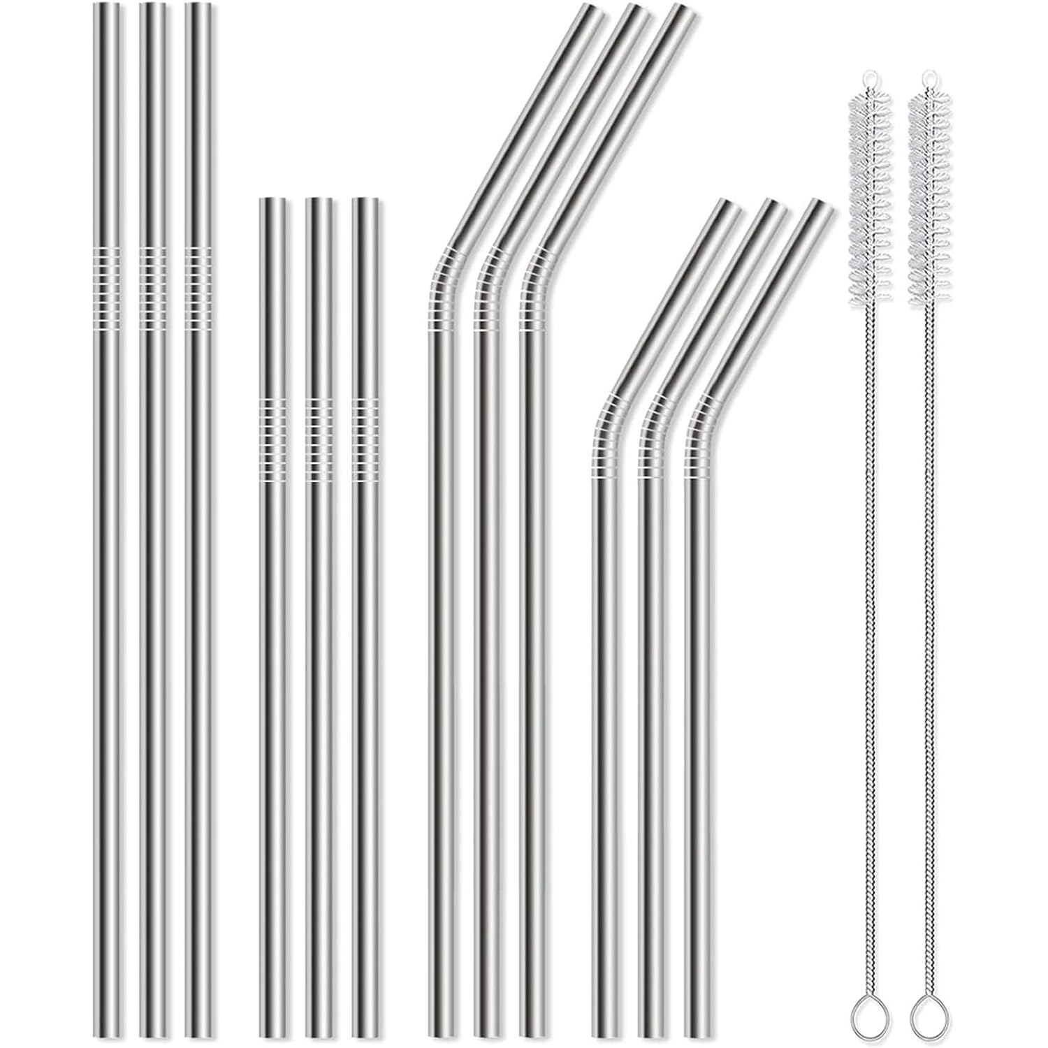 12 Pack Of Reusable Stainless Steel Metal Straws, 3 Straight + 3 Bent 10.5 Inch And 3 Straight + 3 Bent 8.5 Inch Metal Straws With 2 Cleaning Brushes For 20 24 30 Oz Tumbler Dishwasher Safef