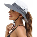 Womens Summer Sun Hat Beach Hat Wide Brim Outdoor UV Protection Hat Foldable Cool Mesh Ponytail Bucket Hat Grey+beige