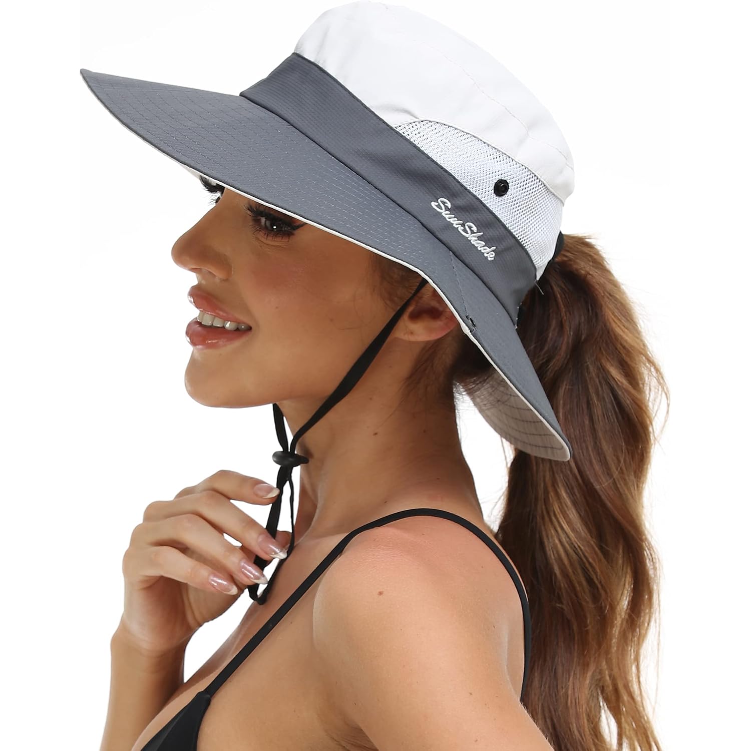Womens Summer Sun Hat Beach Hat Wide Brim Outdoor UV Protection Hat Foldable Cool Mesh Ponytail Bucket Hat Grey+beige