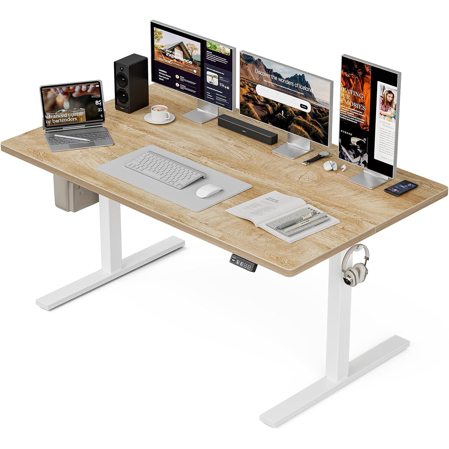 55X32 Extra-Deep Electric Standing Desk, Wide Desktop Fits 49" Ultrawide Monitor+Dual Screens, 176 Lbs Capacity, 2 Memory Presets, Anti Collision, Computer Desk For Home Office & Gaming, Oak