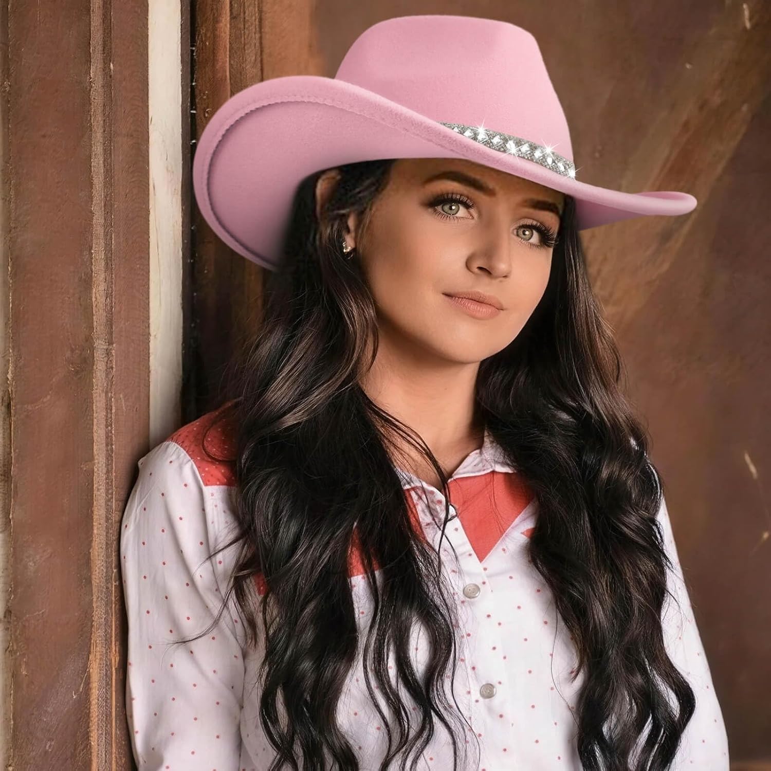 DRESHOW Western Cowboy Hat for Women and Men Wide Brim Glitter Cowboy Cowgirl Hat with Rhinestone Felt Fedora Hats 1 Pack Style 10: Light Pink