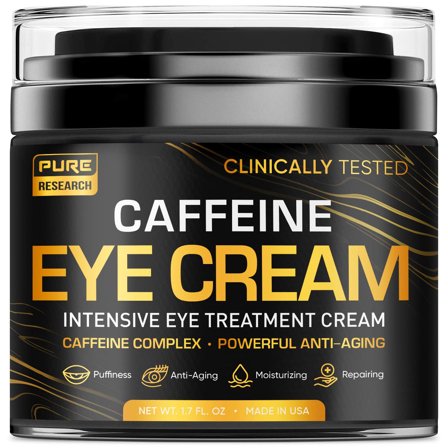 Pure Research Caffeine Eye Cream For Anti Aging, Dark Circles, Bags, Puffiness. Great Under Eye Skin + Face Tightening, Eye Lift Treatment For Men & Women 1.7Oz