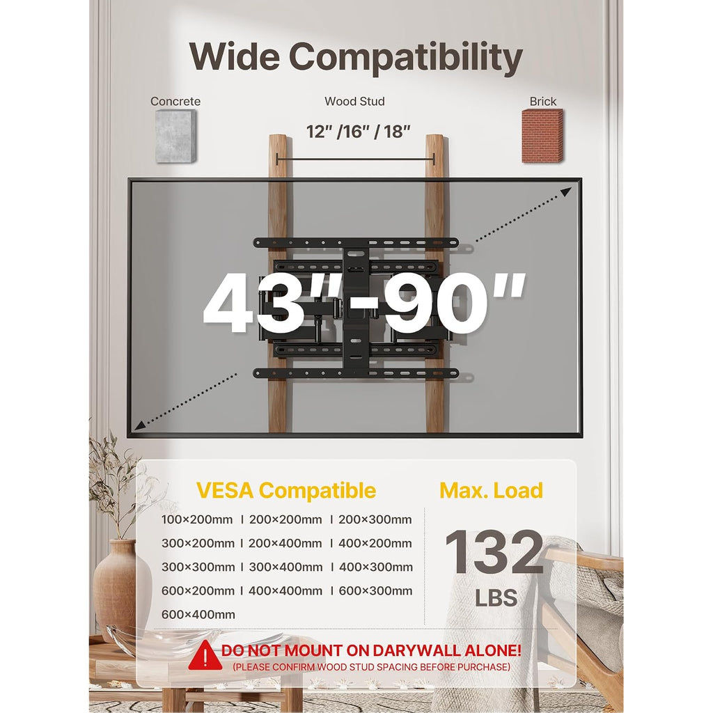 Montek Ultra Slim Tv Wall Mount For 43-90 Inch Tvs | 1.1" Thin Low Profile Full Motion Bracket | Dual Swivel Articulating Arms With Tilt | Max Vesa 600X400Mm | Holds 132Lbs | Fits 16"/18" Studs
