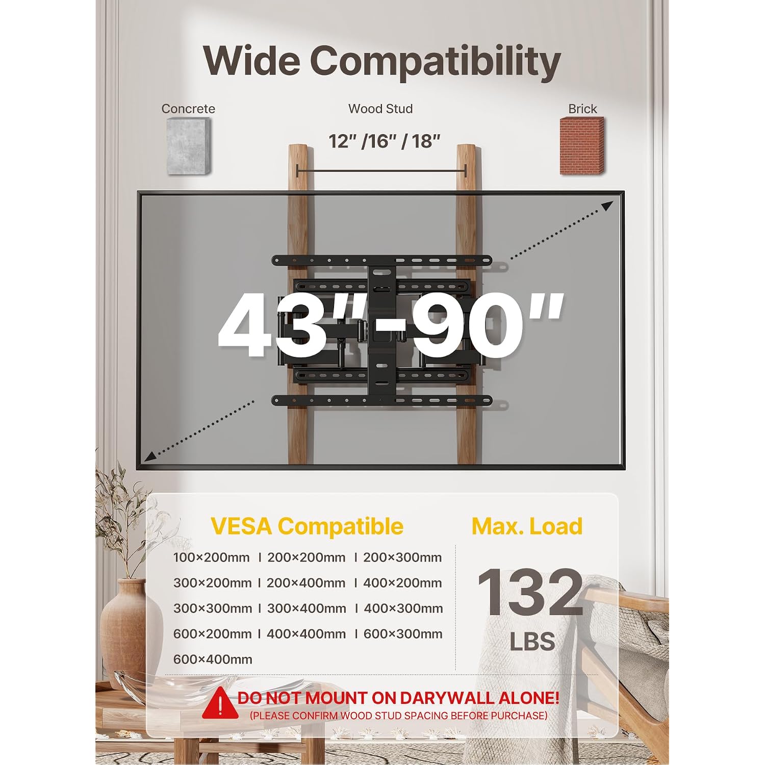 Montek Ultra Slim Tv Wall Mount For 43-90 Inch Tvs | 1.1" Thin Low Profile Full Motion Bracket | Dual Swivel Articulating Arms With Tilt | Max Vesa 600X400Mm | Holds 132Lbs | Fits 16"/18" Studs