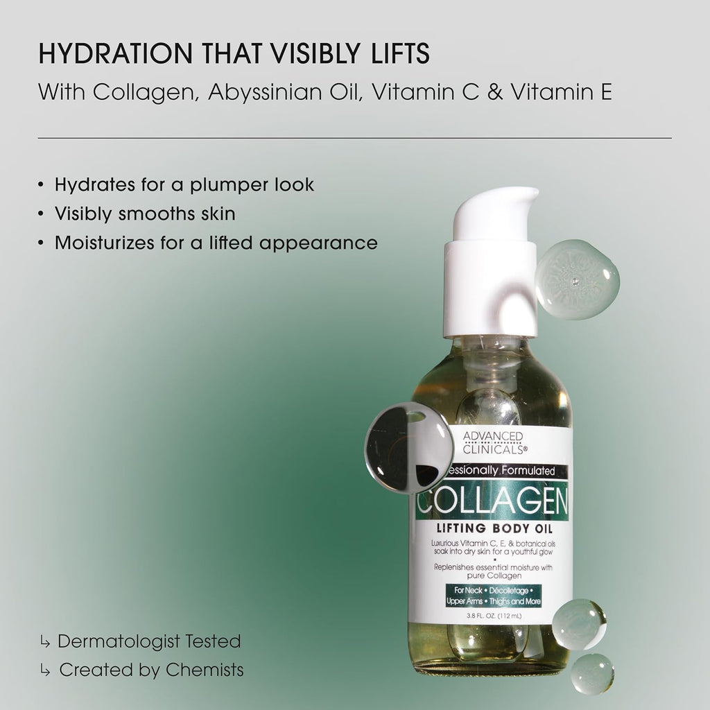 Advanced Clinicals Hydrating Collagen Oil For Body & After Shower | Visible Anti Aging Moisturizing Collagen Body Oil For Women & Men Helps Soften Appearance Of Crepe Skin & Wrinkles, 3.8 Fl Oz