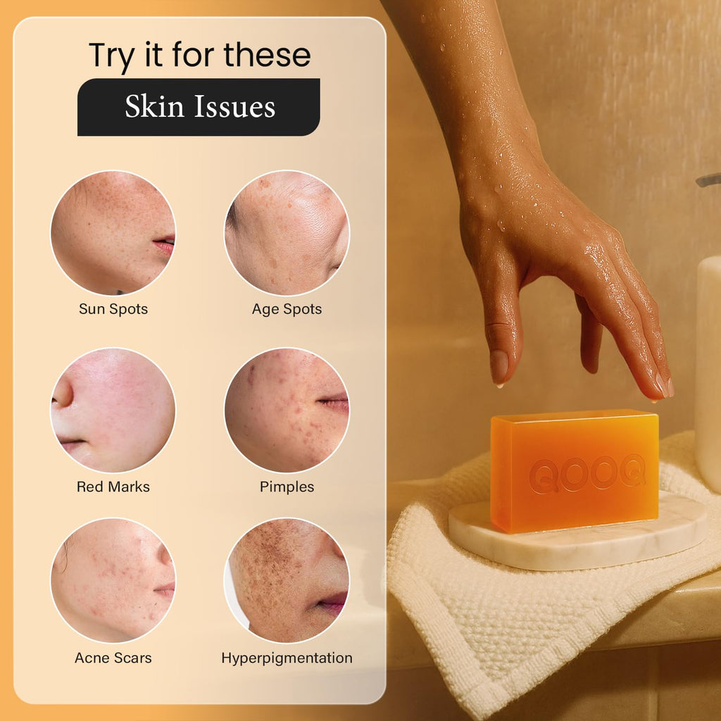 Qooq Turmeric Kojic Acid Soap For Dark Spots Remover – Facial Cleansing Bar With Vitamin C, Retinol, Collagen, Vitamin E, Glycerin, Shea Butter & Castile Olive Oil – Soap For Women & Men (120G X 2)