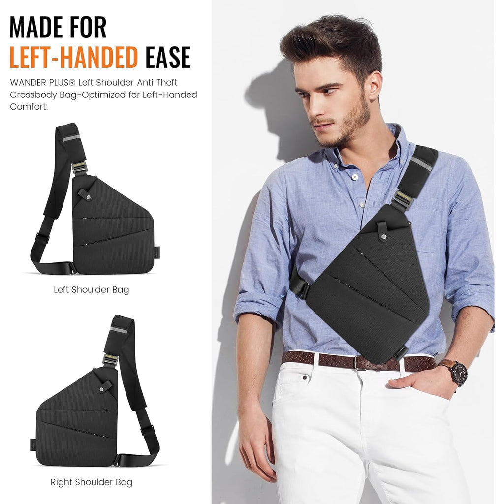 Wander Plus® Left Shoulder Anti Theft Crossbody Travel Bag For Women Men, Multi-Pocket Crossbody Bag, Slim Sling Bag