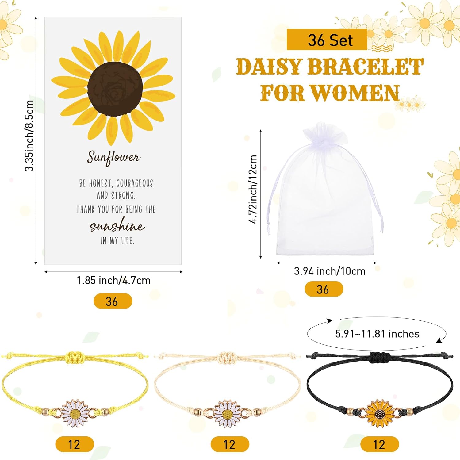 Huquary 36 Set Mother's Day Inspirational Gifts Bulk Sunflower Bracelets for Women with Thank You Cards for Mom Employee Friend Daisy Sunshine Party Favors