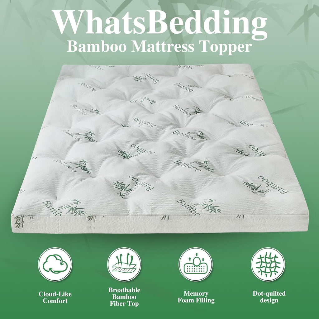 Whatsbedding 4 Inch Memory Foam Mattress Topper Queen For Back Pain Relief, Filled With Breathable Gel Memory Foam, Cooling Bamboo Viscose Air Layer, Supportive Pillow Top Mattress Topper