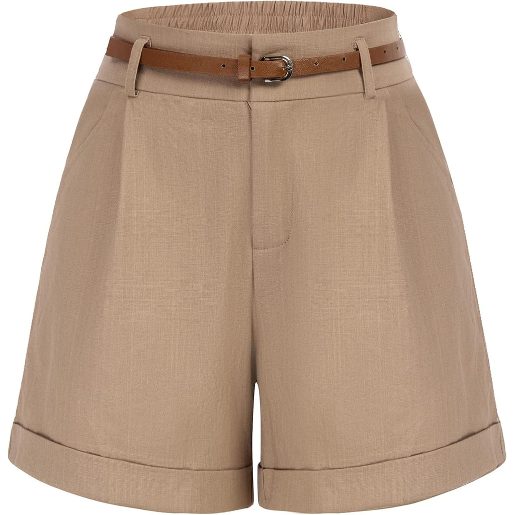 Women Bermuda Shorts Elastic Waist Wide Leg Shorts with Pockets & Belts