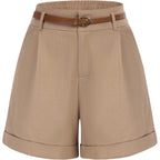 Women Bermuda Shorts Elastic Waist Wide Leg Shorts with Pockets & Belts