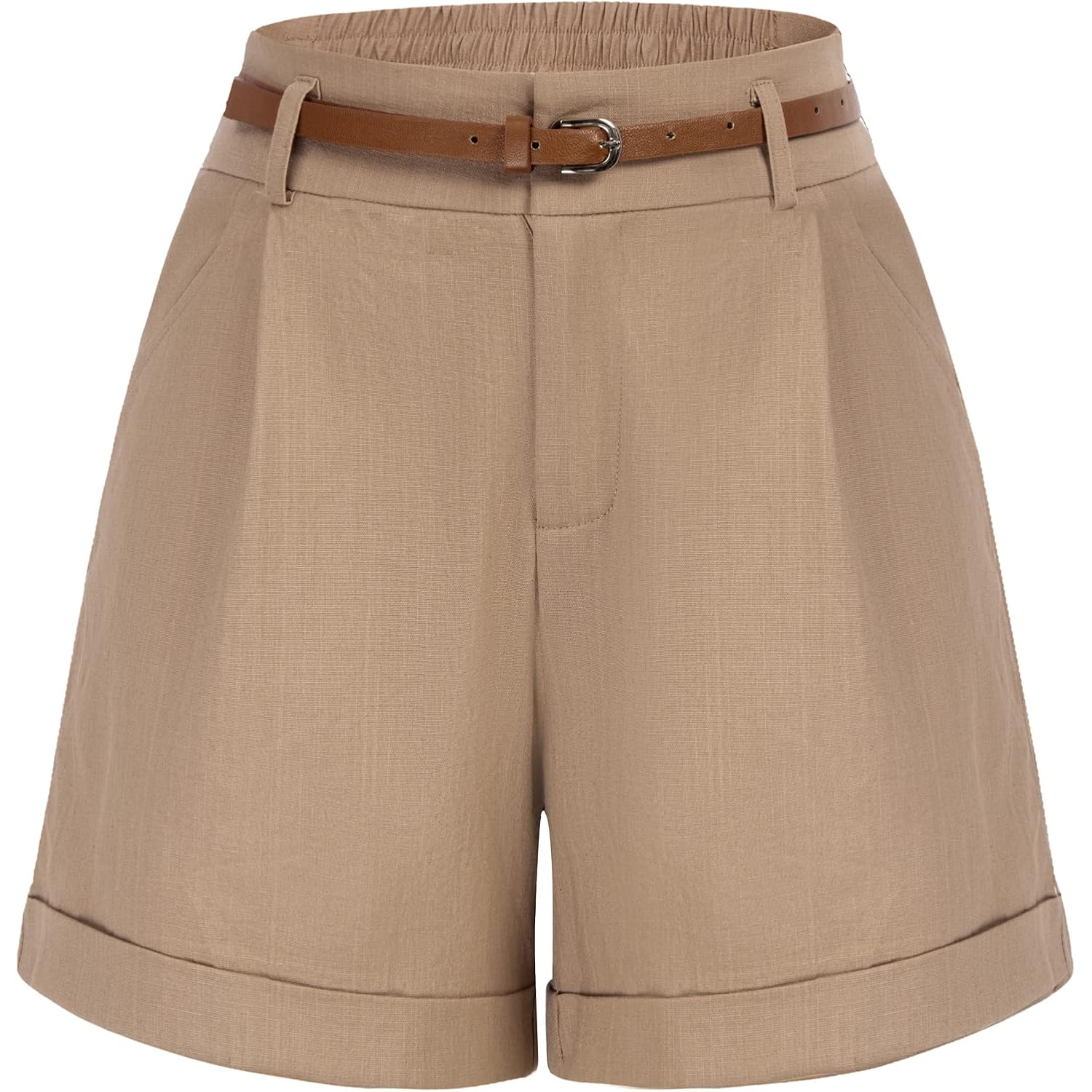 Women Bermuda Shorts Elastic Waist Wide Leg Shorts with Pockets & Belts