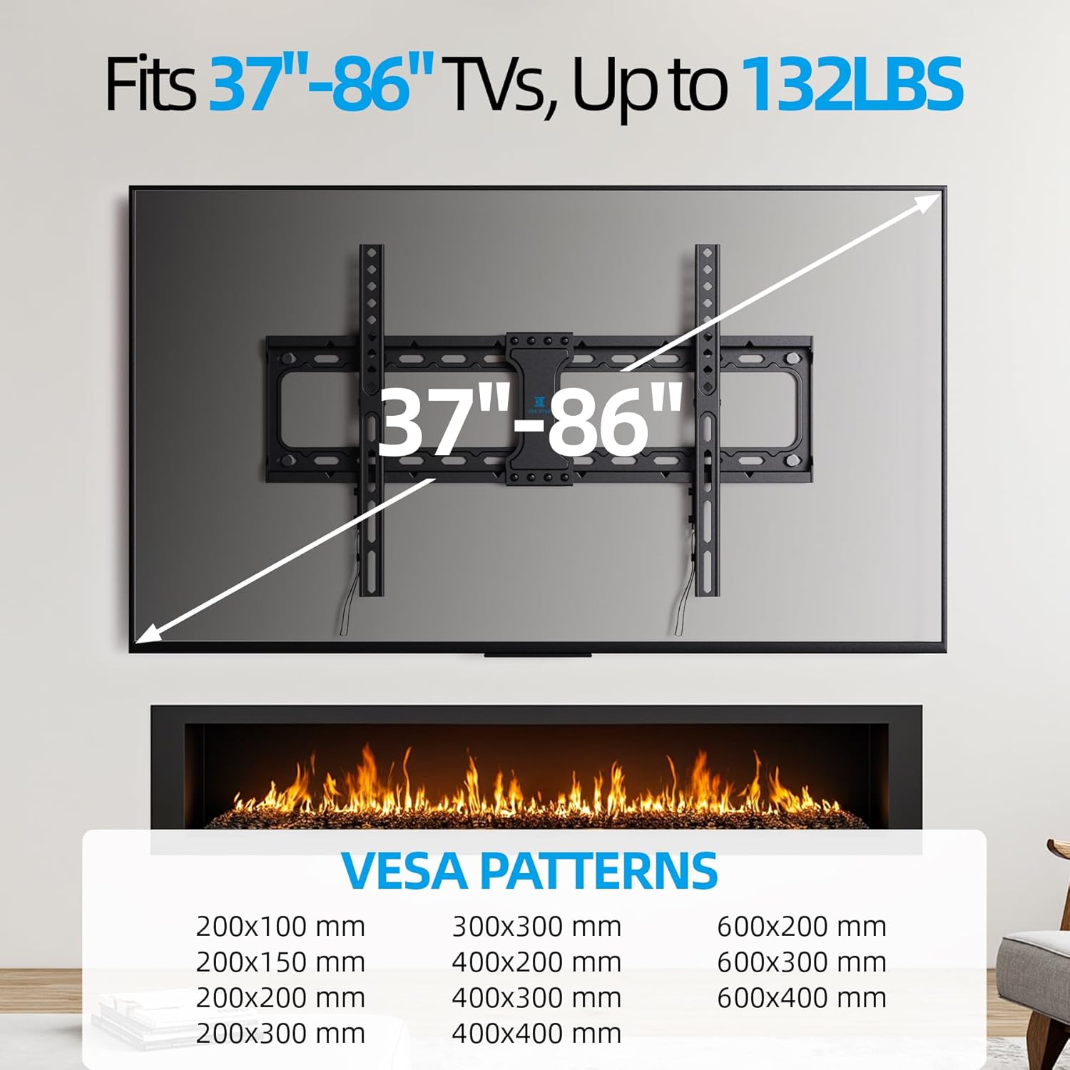 UL Listed Fixed TV Wall Mount for 37-86 Inch Screens, Low Profile TV Mount Fits 16", 18", 24" Studs, Wall Mount Bracket with Quick Release Lock, Max VESA 600x400mm, Holds up to 132 lbs by USX STAR