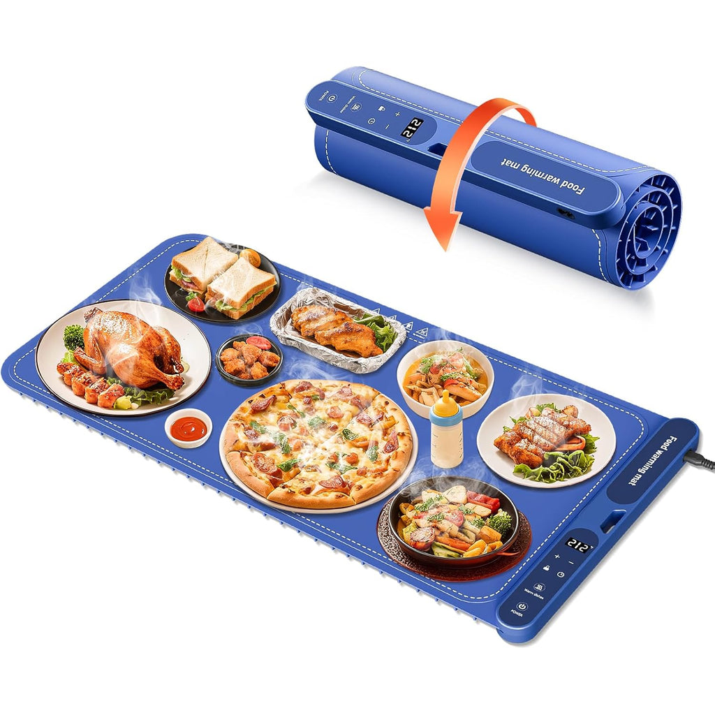 Warming Mat for Food Extra Large 32"x15", Electric Silicone Food Warmer Trays for Chafing Dishes & Buffet,Portable Countertop Food Warmers for Parties, 7-Level Temp 8-Hour Timer， Blue