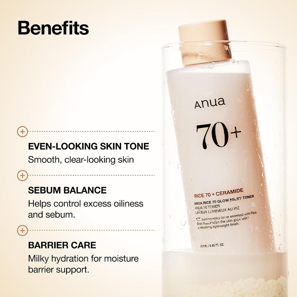 Anua Rice 70 Glow Milky Toner, Glass & Dewy Skin, Hydrating & Barrier Care, Rice Water, Niacinamide, Ceramides, All Skin Types, Fragrance-Free, Non Comedogenic, Korean Skincare, 8.45 Fl.Oz.