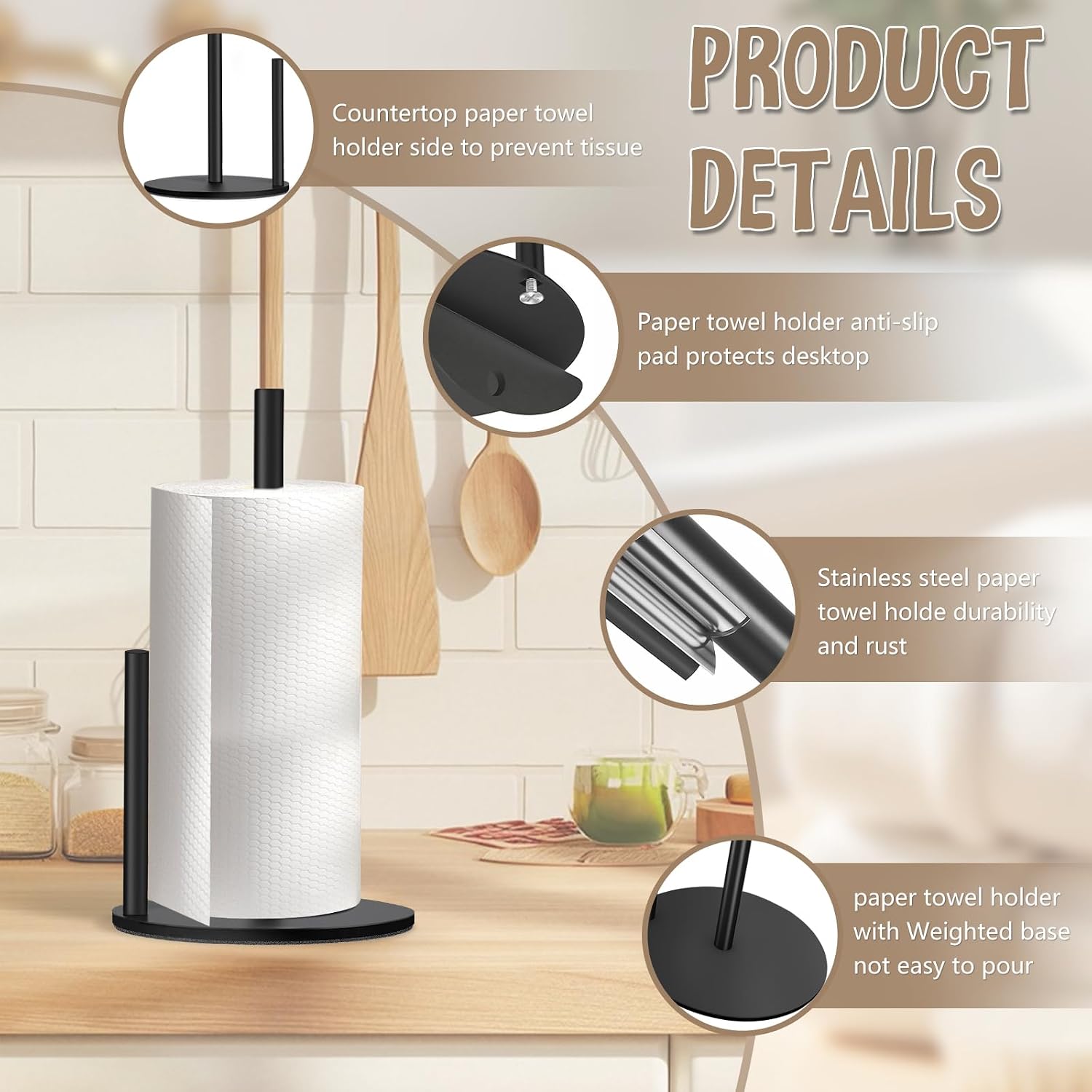 Paper Towel Holder Countertop, Premium Stainless Steel Black Paper Towel Holder With Anti Slip & Waterproof, Freestanding Countertop Paper Towels Holder For Kitchen, Tabletop, Bathroom
