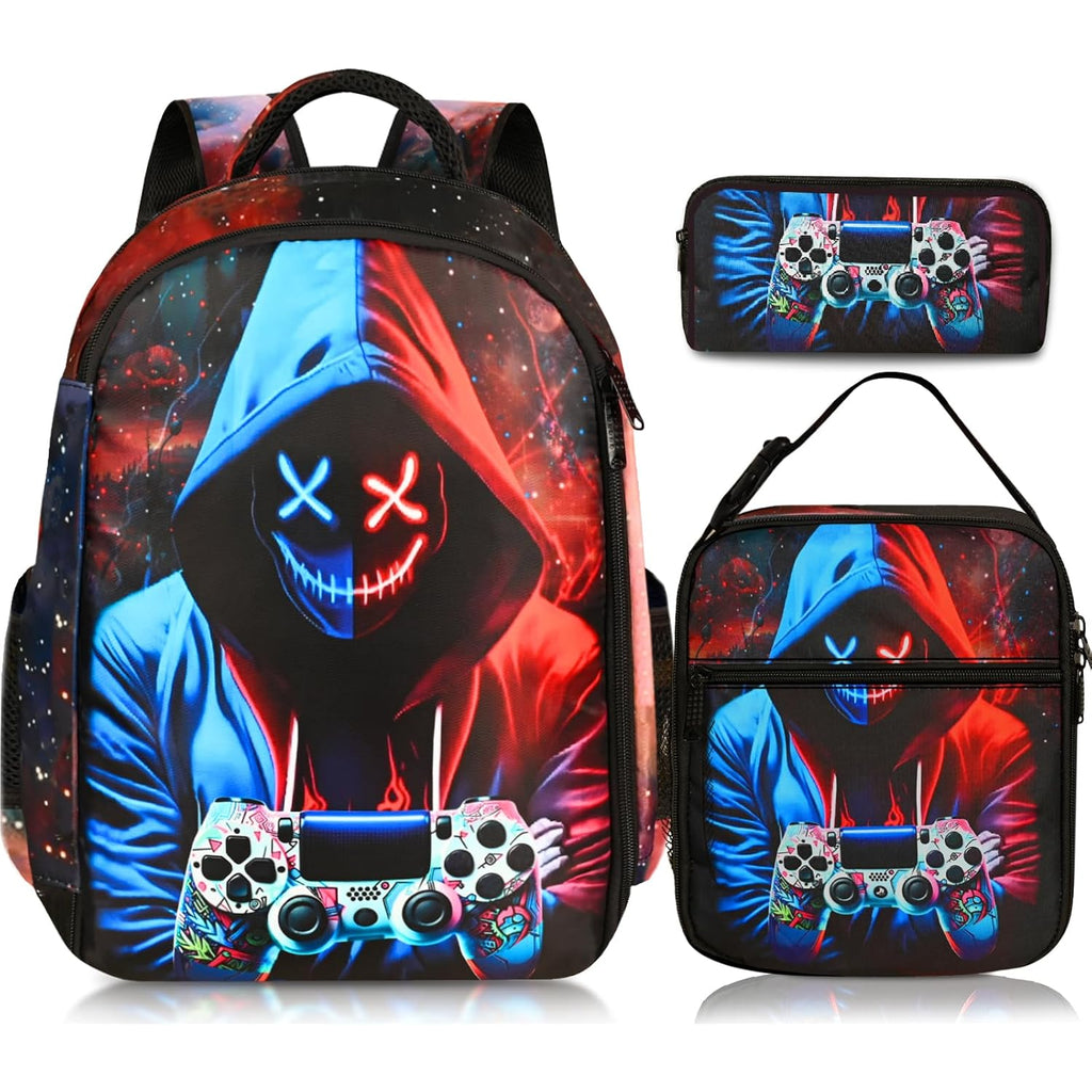 Boys Backpack With Lunch Box And Pencil Case, 3Pcs Gamer Backpack For Boys Teens, 17 Inch Large Capacity