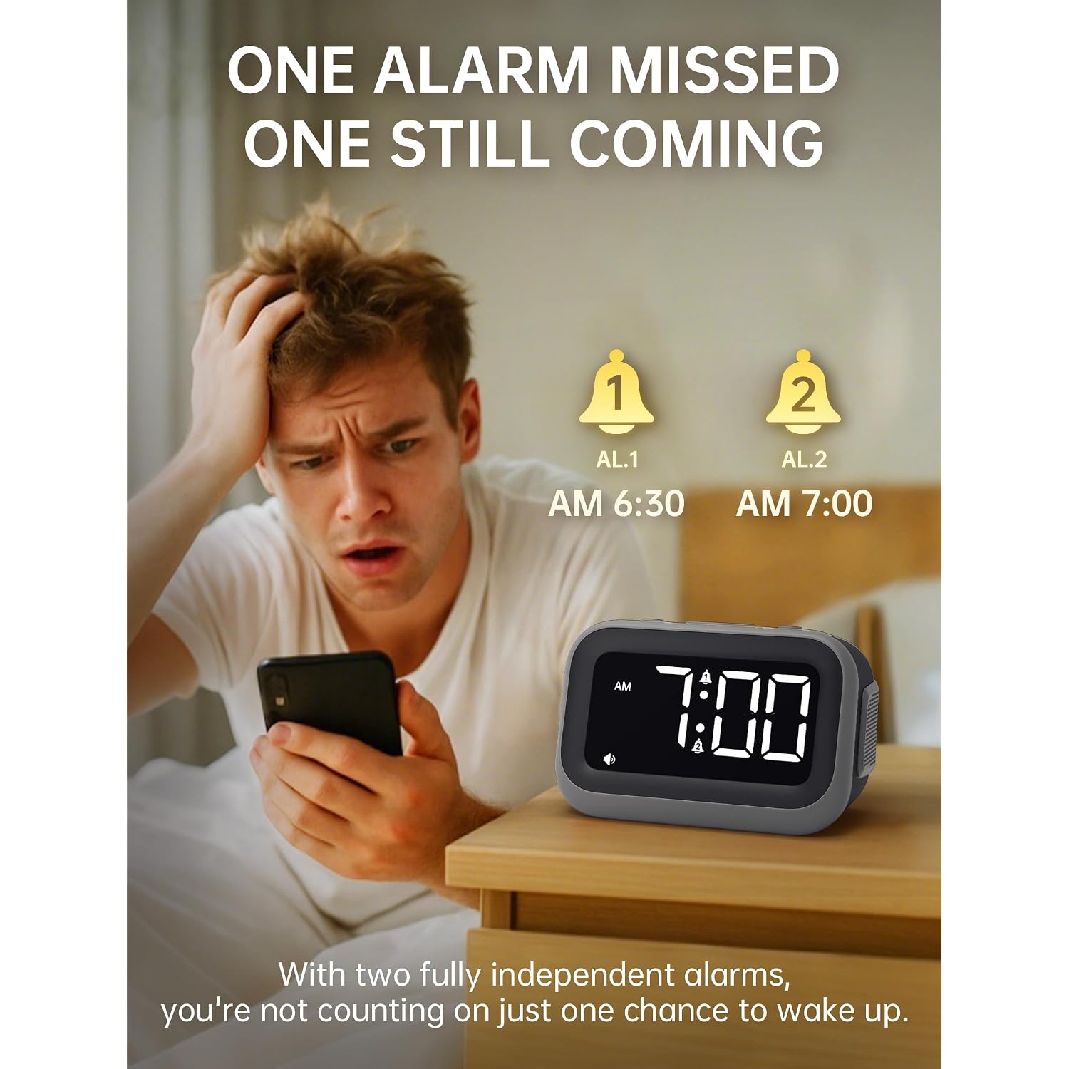 Super Loud Alarm Clock: 115Db Dual Alarms And 6 Alarm Sounds For Heavy Sleepers - Adult Shift Workers In Bedroom Or Daily Wake-Up Use - Gray